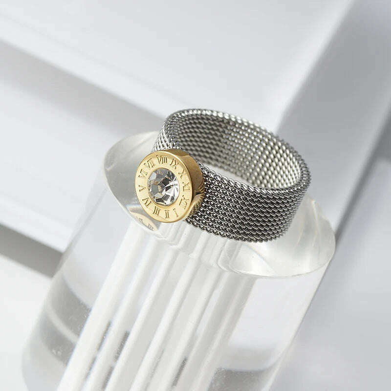 Gold Color Stainless Steel Ring Big Round Crystal Mesh Finger Ring Roman Numerals Rings Round Titanium Ring for Women Men - KIMLUD