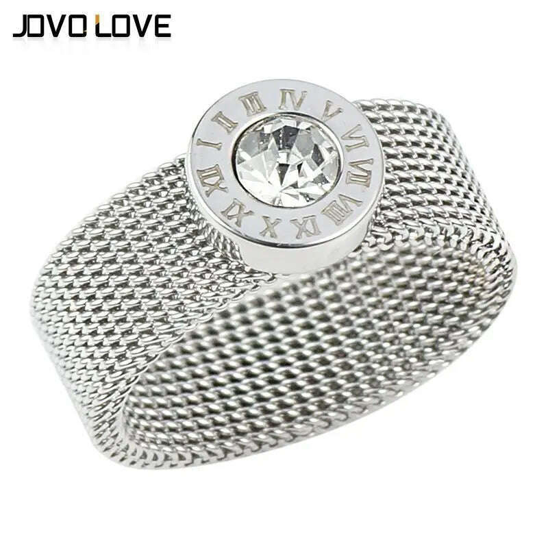 KIMLUD, Gold Color Stainless Steel Ring Big Round Crystal Mesh Finger Ring Roman Numerals Rings Round Titanium Ring for Women Men, KIMLUD Women's Clothes