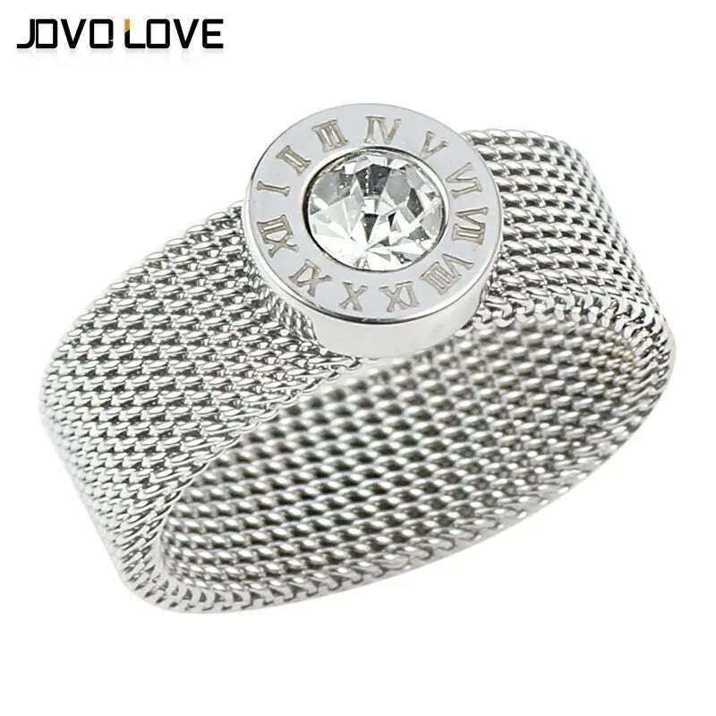Gold Color Stainless Steel Ring Big Round Crystal Mesh Finger Ring Roman Numerals Rings Round Titanium Ring for Women Men - KIMLUD