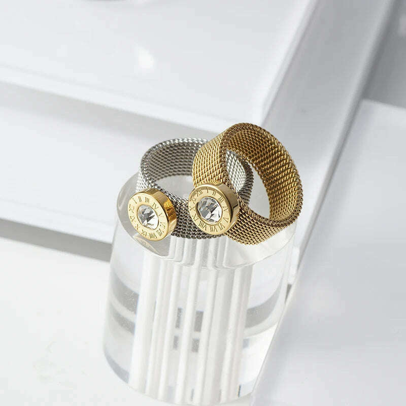 Gold Color Stainless Steel Ring Big Round Crystal Mesh Finger Ring Roman Numerals Rings Round Titanium Ring for Women Men - KIMLUD