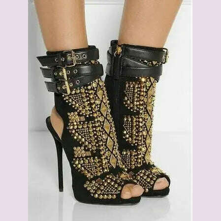 KIMLUD, Gold Crystal Stud Embellished Short Ankle Boots Cut-outs Peep Toe Sandal Boots High Heels Summer Lady Suede Boots Shoes, KIMLUD Womens Clothes