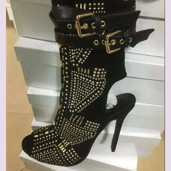 KIMLUD, Gold Crystal Stud Embellished Short Ankle Boots Cut-outs Peep Toe Sandal Boots High Heels Summer Lady Suede Boots Shoes, as picture 4 / 42, KIMLUD APPAREL - Womens Clothes