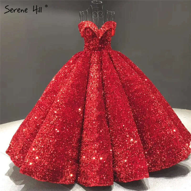 KIMLUD, Gold Dubai Sweetheart Sexy Plus Size Wedding Dresses 2023 Sequined Off Shoulder Luxury Bridal Gowns HM66991 Couture Dress, red / Custom size, KIMLUD APPAREL - Womens Clothes