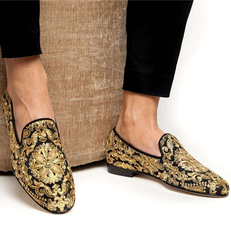KIMLUD, Gold Handmade Embroidered Shoes Man Round Toe Flower Flats Loafer Shoes Mail Slip On Luxury Wedding Shoes Men, KIMLUD Women's Clothes