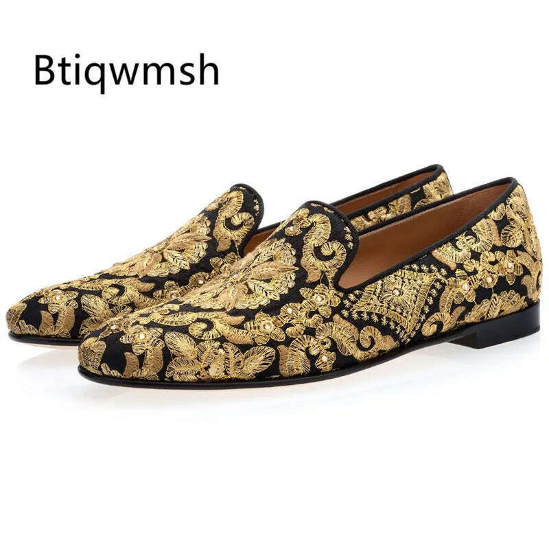 KIMLUD, Gold Handmade Embroidered Shoes Man Round Toe Flower Flats Loafer Shoes Mail Slip On Luxury Wedding Shoes Men, KIMLUD Womens Clothes