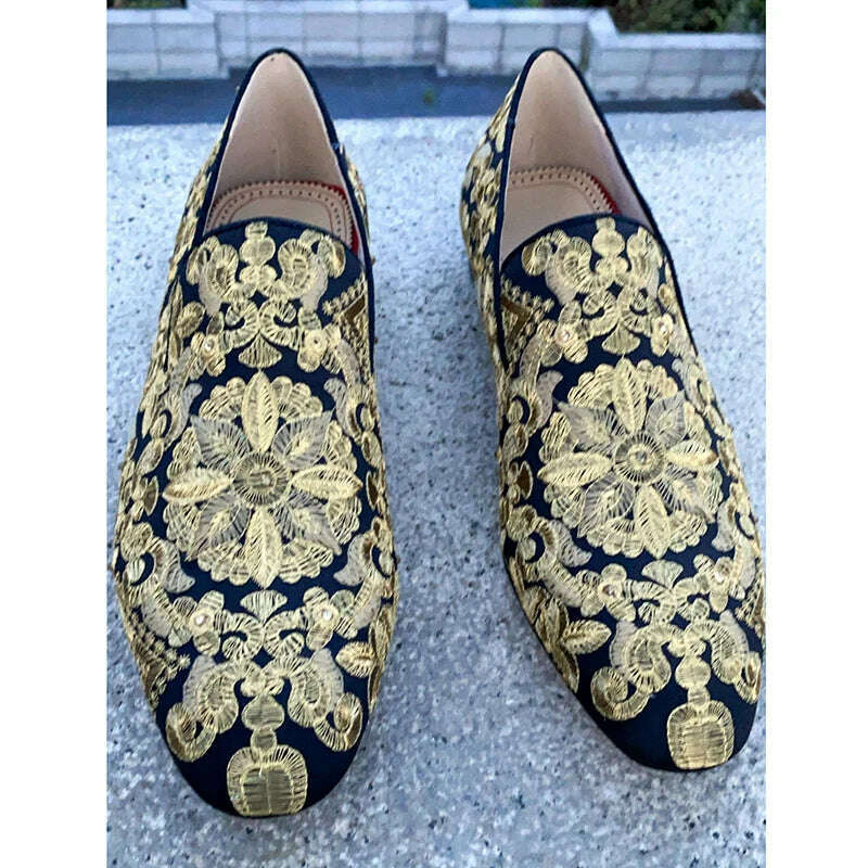 KIMLUD, Gold Handmade Embroidered Shoes Man Round Toe Flower Flats Loafer Shoes Mail Slip On Luxury Wedding Shoes Men, KIMLUD Womens Clothes