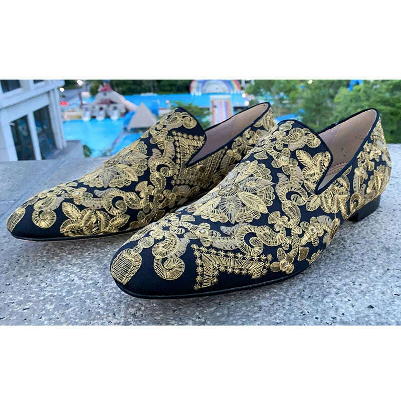 KIMLUD, Gold Handmade Embroidered Shoes Man Round Toe Flower Flats Loafer Shoes Mail Slip On Luxury Wedding Shoes Men, KIMLUD Womens Clothes