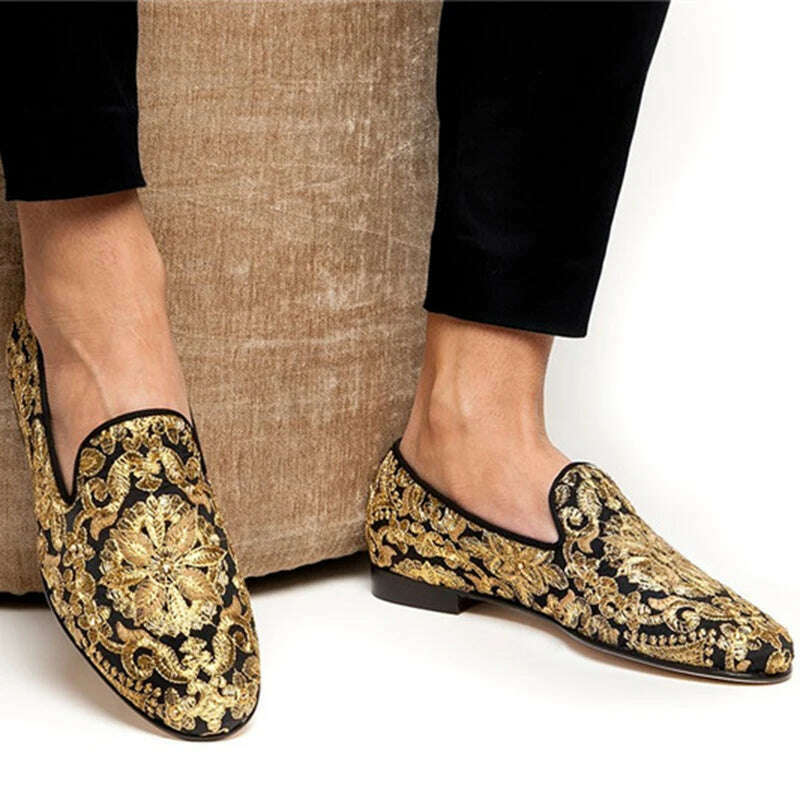 KIMLUD, Gold Handmade Embroidered Shoes Man Round Toe Flower Flats Loafer Shoes Mail Slip On Luxury Wedding Shoes Men, KIMLUD Womens Clothes