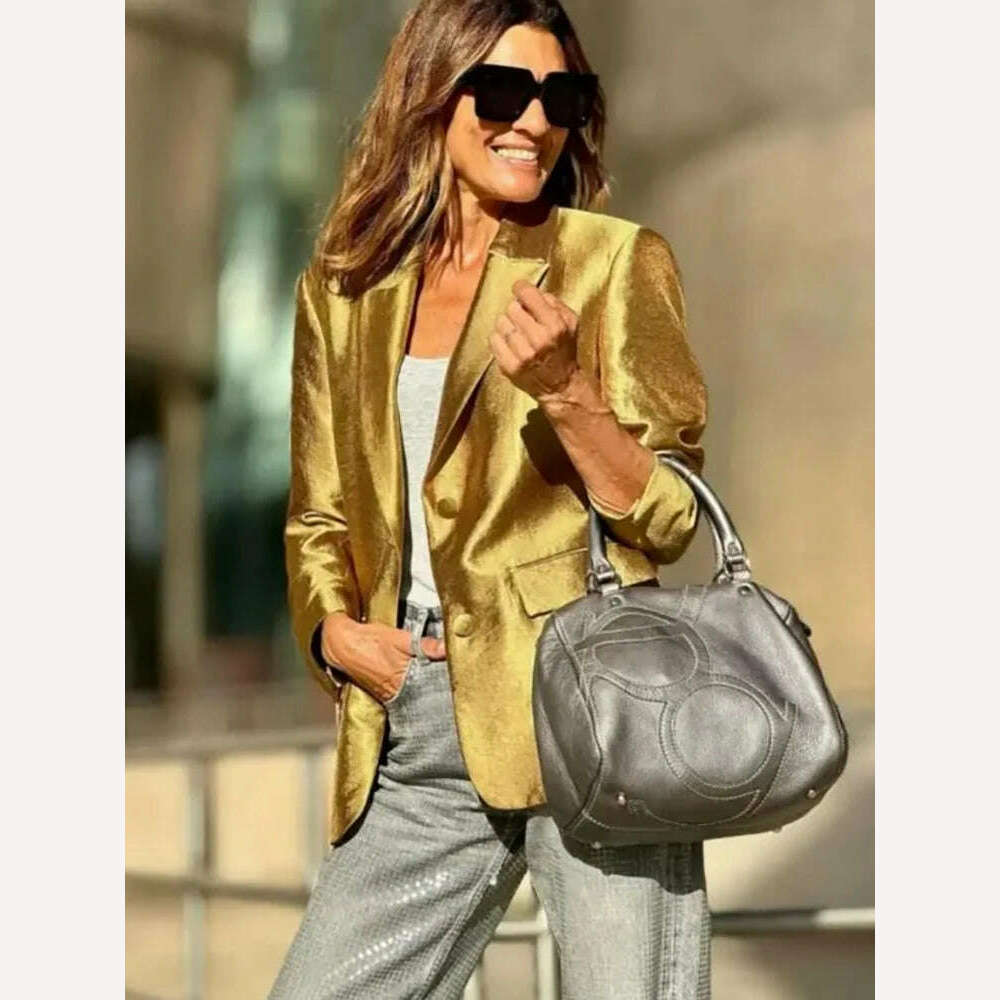 Gold Loose Blazer Jacket for Women Lapel Collar Jackets Spring Autumn Long Sleeve V Neck Coat Streetwear Lady Elegant Outerwear, KIMLUD Women's Clothes