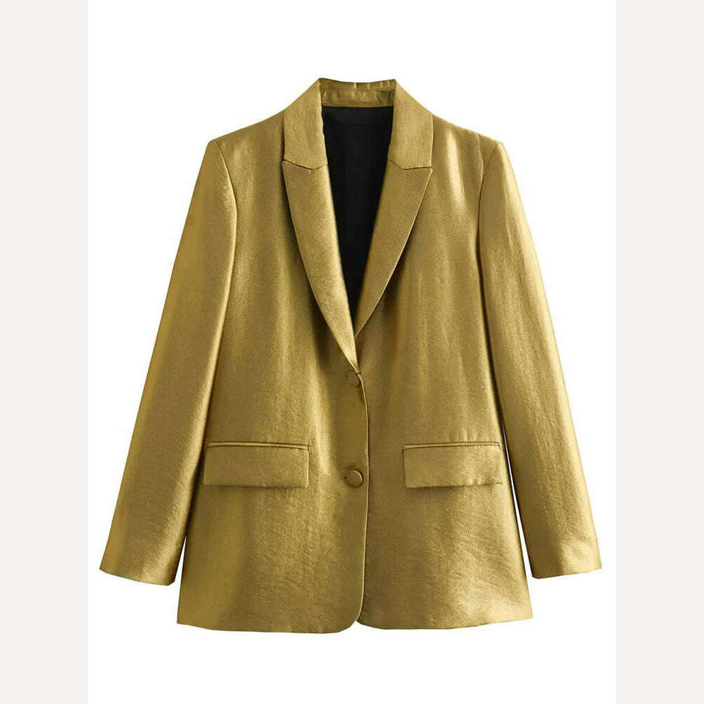 KIMLUD, Gold Loose Blazer Jacket for Women Lapel Collar Jackets Spring Autumn Long Sleeve V Neck Coat Streetwear Lady Elegant Outerwear, Gold / XS, KIMLUD Womens Clothes