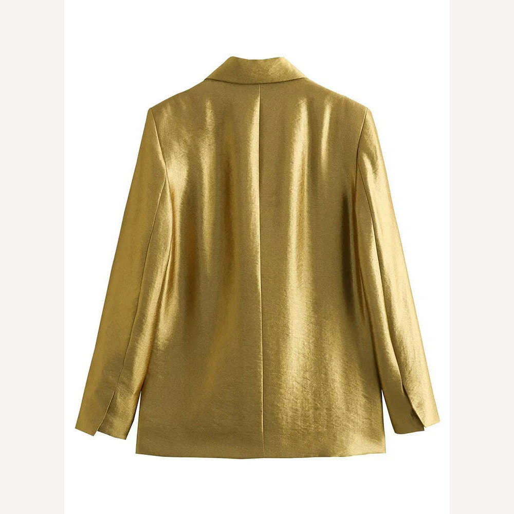 KIMLUD, Gold Loose Blazer Jacket for Women Lapel Collar Jackets Spring Autumn Long Sleeve V Neck Coat Streetwear Lady Elegant Outerwear, KIMLUD Womens Clothes