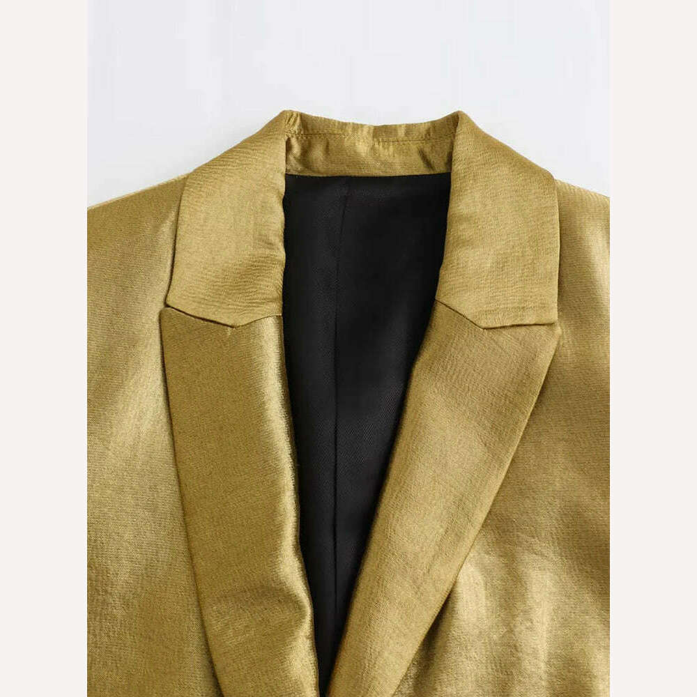 KIMLUD, Gold Loose Blazer Jacket for Women Lapel Collar Jackets Spring Autumn Long Sleeve V Neck Coat Streetwear Lady Elegant Outerwear, KIMLUD Women's Clothes