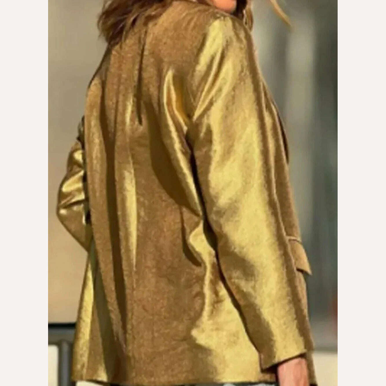 Gold Loose Blazer Jacket for Women Lapel Collar Jackets Spring Autumn Long Sleeve V Neck Coat Streetwear Lady Elegant Outerwear, KIMLUD Women's Clothes