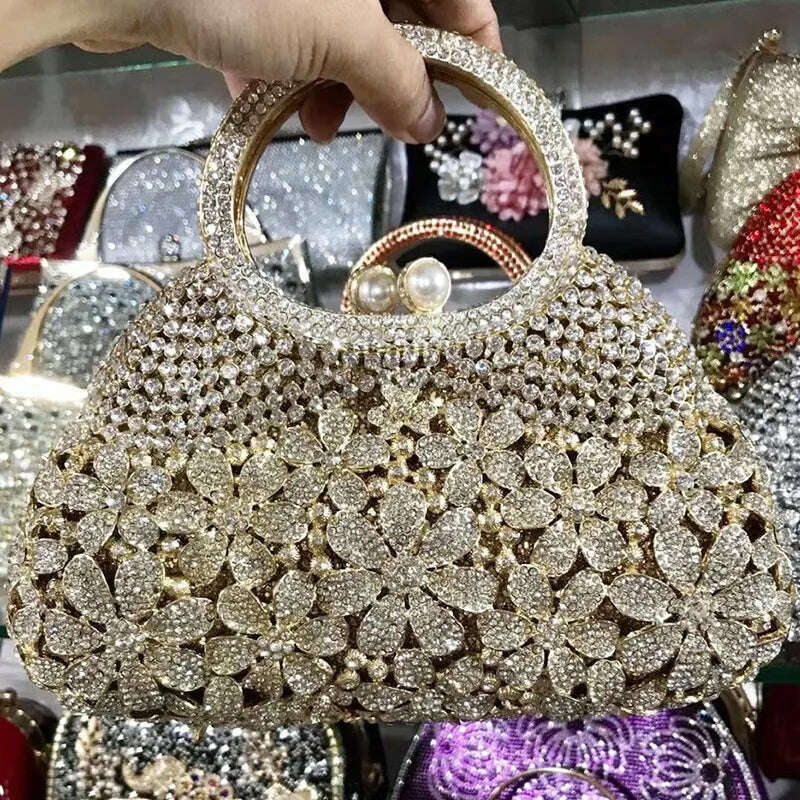 KIMLUD, Gold Metal Pearl Top-Handle White Crystal Clutch Bag High Quality Women's Flower Diamond Wedding Bridal Handbags Fashion Bags, KIMLUD Women's Clothes