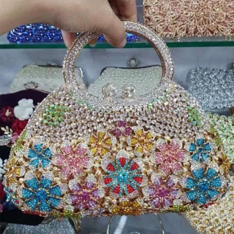 KIMLUD, Gold Metal Pearl Top-Handle White Crystal Clutch Bag High Quality Women's Flower Diamond Wedding Bridal Handbags Fashion Bags, KIMLUD Women's Clothes