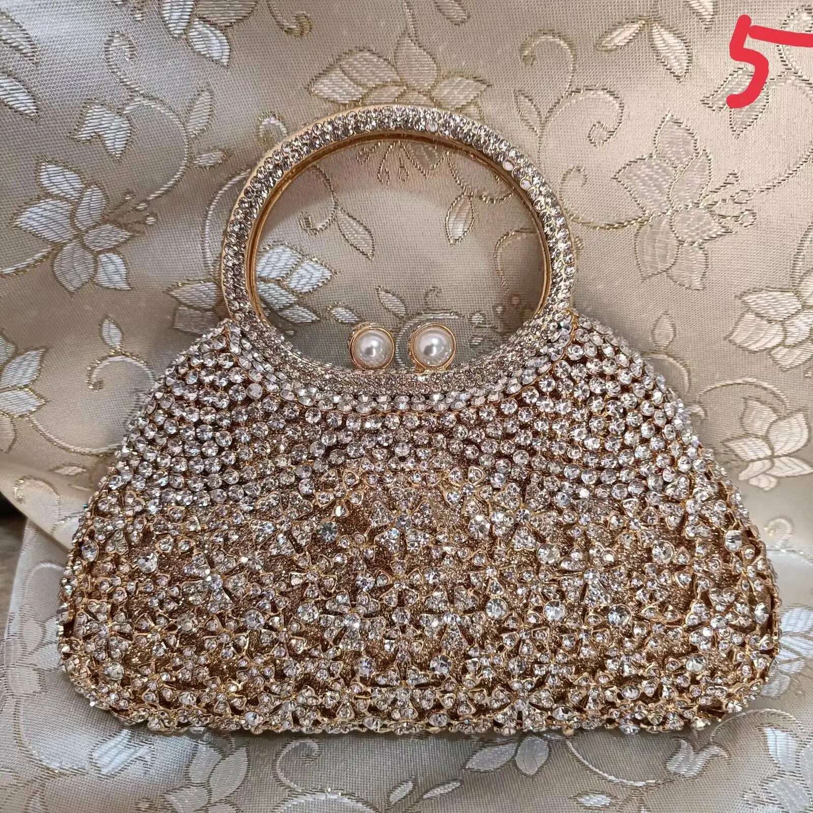 KIMLUD, Gold Metal Pearl Top-Handle White Crystal Clutch Bag High Quality Women's Flower Diamond Wedding Bridal Handbags Fashion Bags, Show As Picture, KIMLUD Womens Clothes