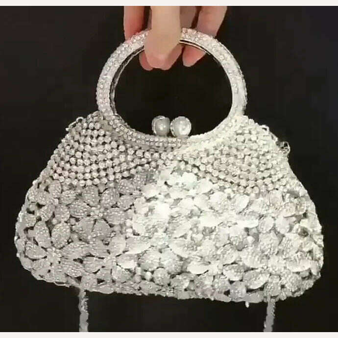 KIMLUD, Gold Metal Pearl Top-Handle White Crystal Clutch Bag High Quality Women's Flower Diamond Wedding Bridal Handbags Fashion Bags, Show As Picture 9, KIMLUD Women's Clothes