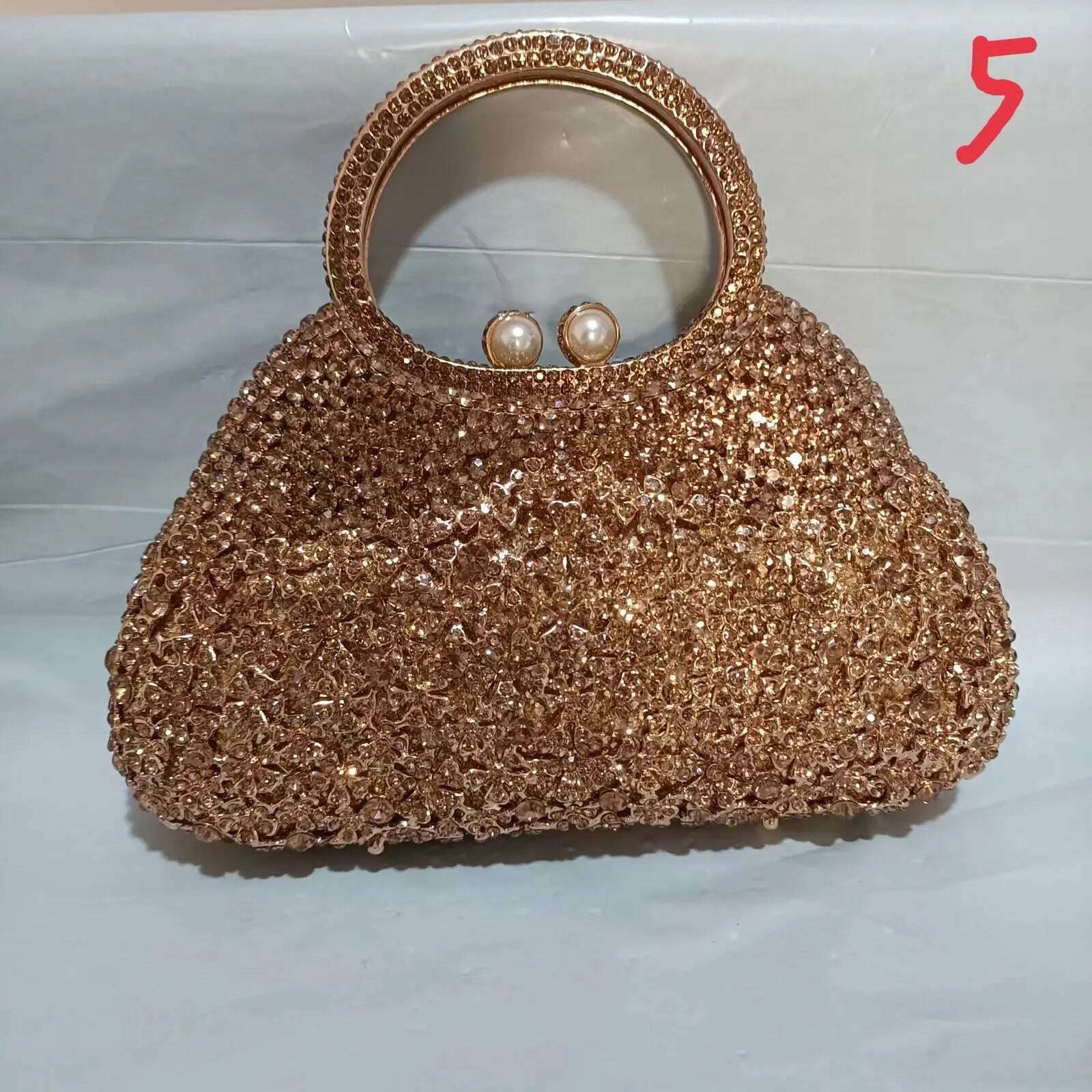 KIMLUD, Gold Metal Pearl Top-Handle White Crystal Clutch Bag High Quality Women's Flower Diamond Wedding Bridal Handbags Fashion Bags, Gold, KIMLUD Womens Clothes