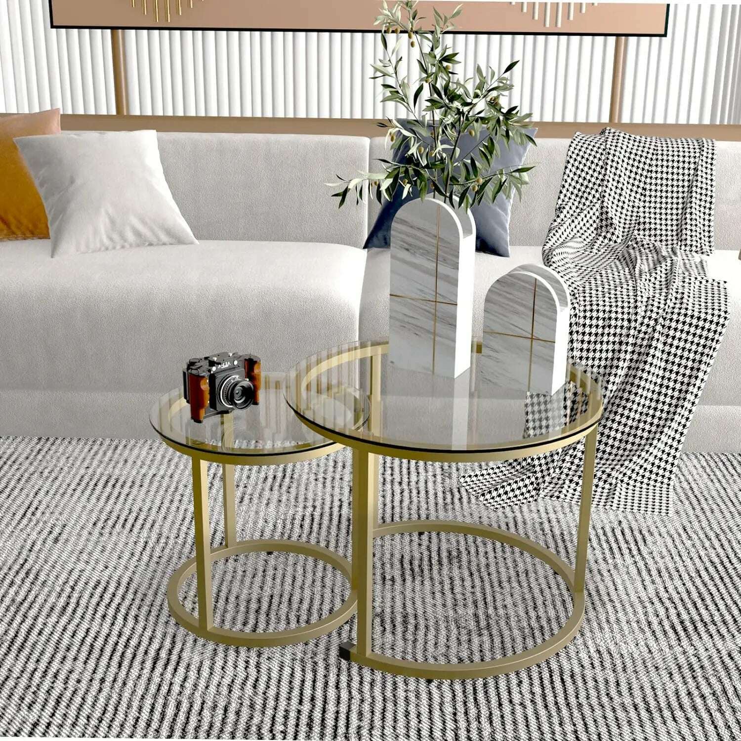 KIMLUD, Gold Nesting Coffee Table Set of 2, Small Glass Round Nesting Tables for Living Room Bedroom, Accent Tea Table with Metal Frame, United States, KIMLUD APPAREL - Womens Clothes