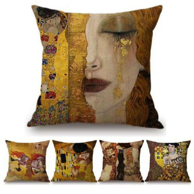 KIMLUD, Gold Oil Painting Throw Pillow Cover Gustav Klimt Gallery Pillow Case Home Decorative Pillow  Linen Pillowcase Sofa Cushion, KIMLUD Womens Clothes