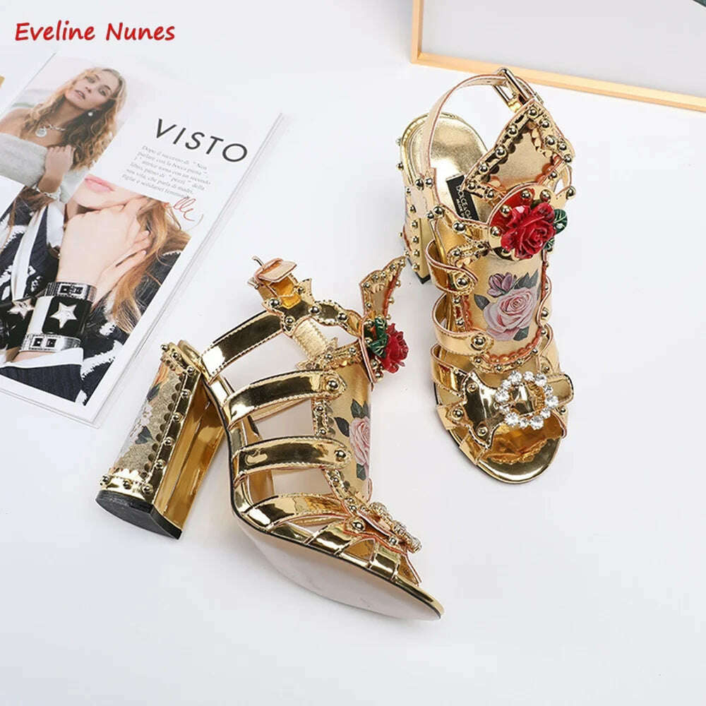 Gold Print Rose Sandals 2022 Summer New Arrival Rhinestones Thin High Heel Round Toe Ankle Strap Buckle Model Women's Shoes - KIMLUD