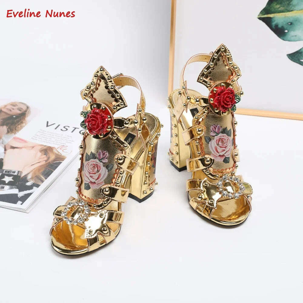 Gold Print Rose Sandals 2022 Summer New Arrival Rhinestones Thin High Heel Round Toe Ankle Strap Buckle Model Women's Shoes - KIMLUD