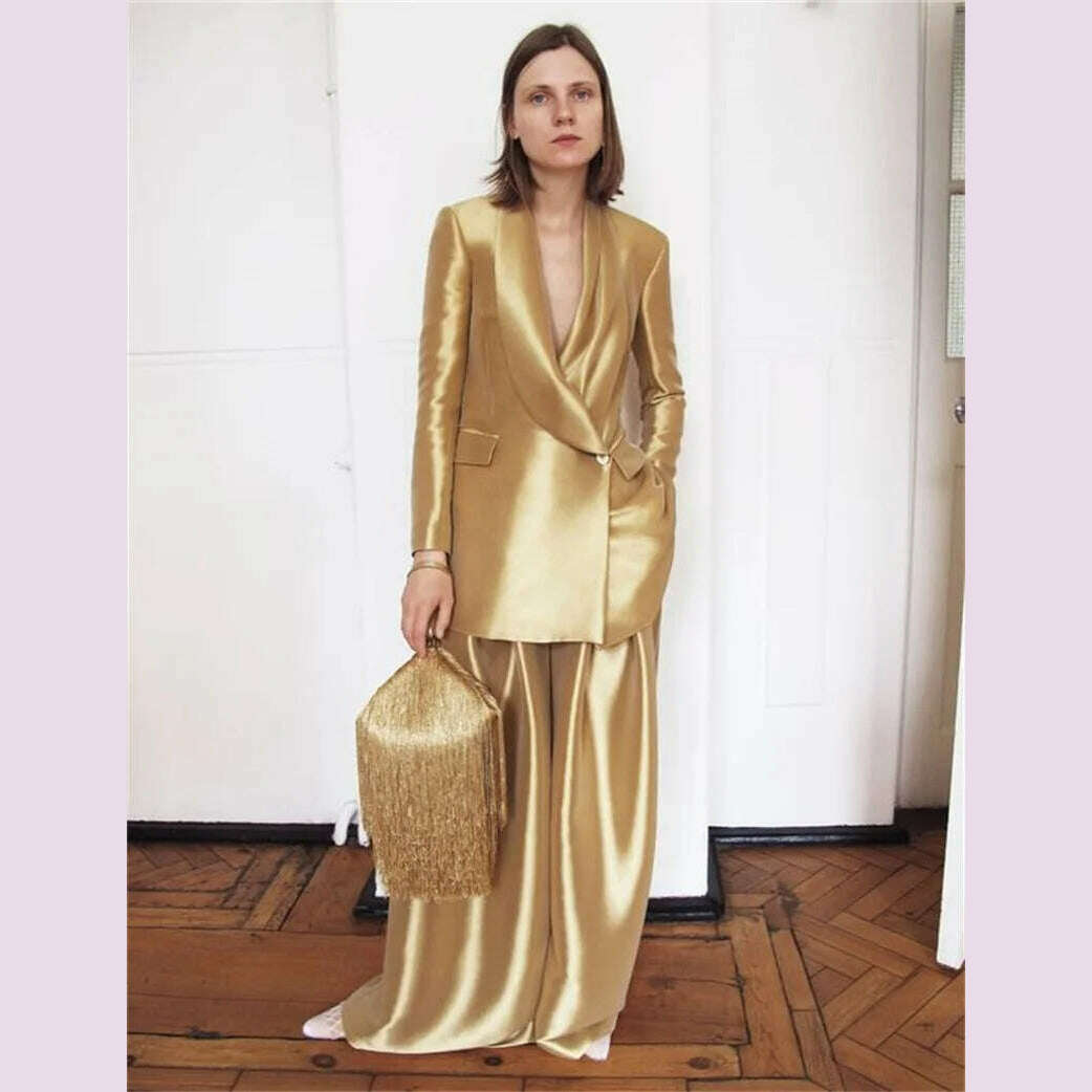 KIMLUD, Gold Silk Satin Women Suits Office Set For Wedding Tuxedo 2 Pcs Loose Blazer+Wide Leg Pant Formal Party Prom Evening Customized, KIMLUD Womens Clothes