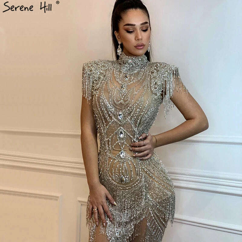 KIMLUD, Gold Tassel Beading Sleeveless Sexy Evening Dresses 2023 Dubai Design Luxury Sexy Evening Gowns Serene Hill BLA60893, KIMLUD Womens Clothes