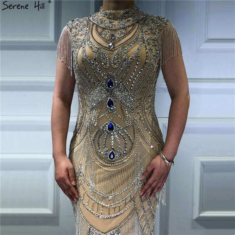 KIMLUD, Gold Tassel Beading Sleeveless Sexy Evening Dresses 2023 Dubai Design Luxury Sexy Evening Gowns Serene Hill BLA60893, KIMLUD Women's Clothes