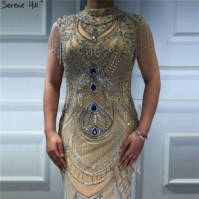 KIMLUD, Gold Tassel Beading Sleeveless Sexy Evening Dresses 2023 Dubai Design Luxury Sexy Evening Gowns Serene Hill BLA60893, KIMLUD Womens Clothes