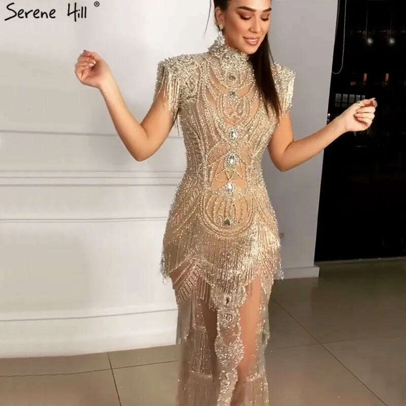 KIMLUD, Gold Tassel Beading Sleeveless Sexy Evening Dresses 2023 Dubai Design Luxury Sexy Evening Gowns Serene Hill BLA60893, gold / 14, KIMLUD APPAREL - Womens Clothes