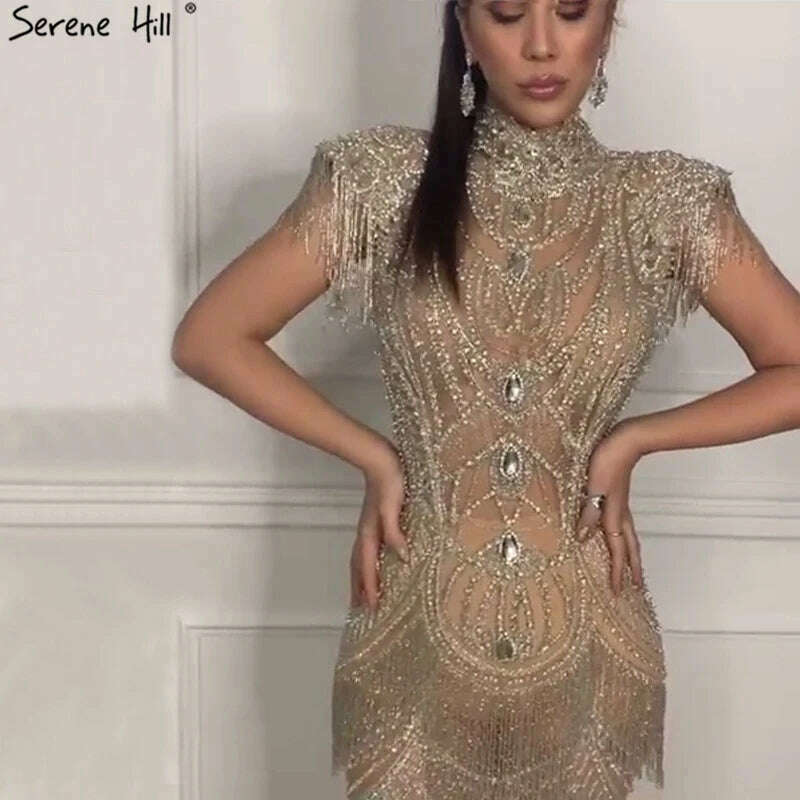 KIMLUD, Gold Tassel Beading Sleeveless Sexy Evening Dresses 2023 Dubai Design Luxury Sexy Evening Gowns Serene Hill BLA60893, KIMLUD Womens Clothes