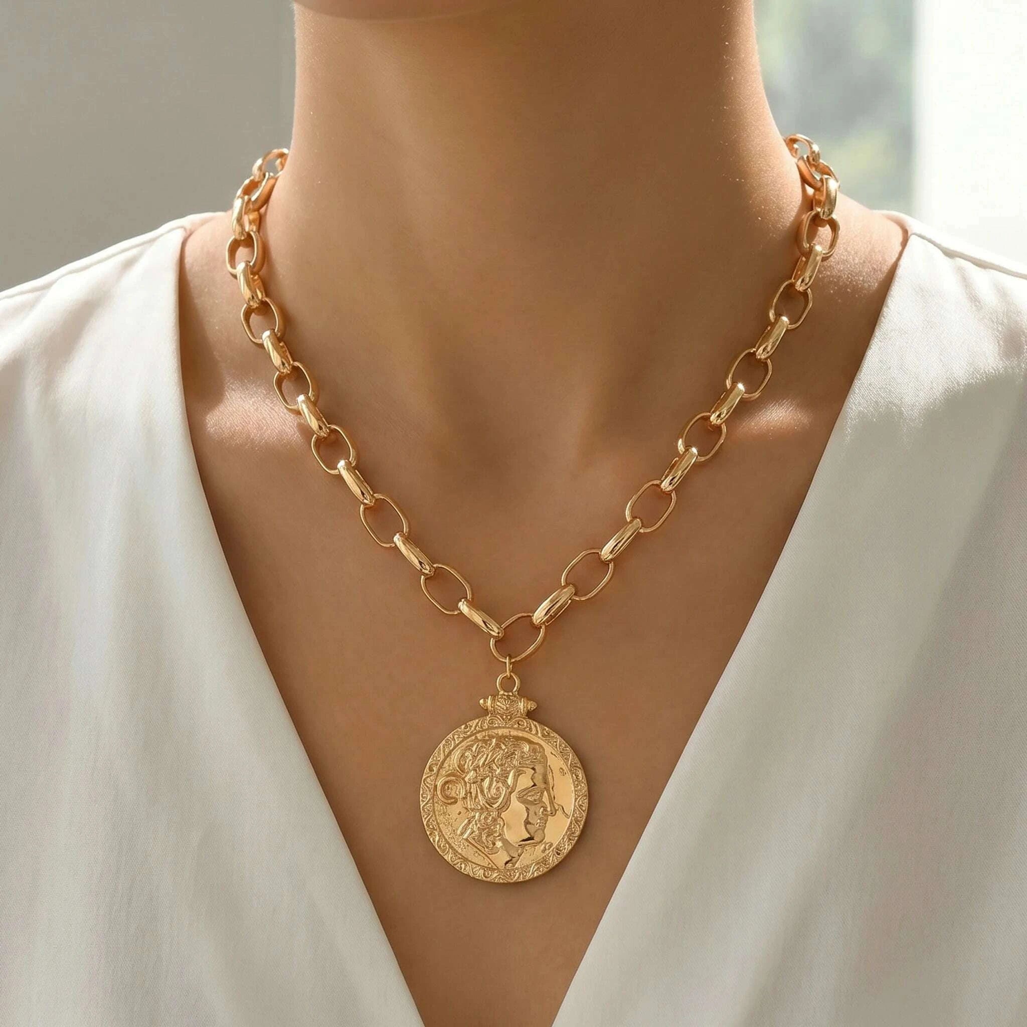 Gold Tone Coin Pendant Necklace - Gold Tone | KIMLUD