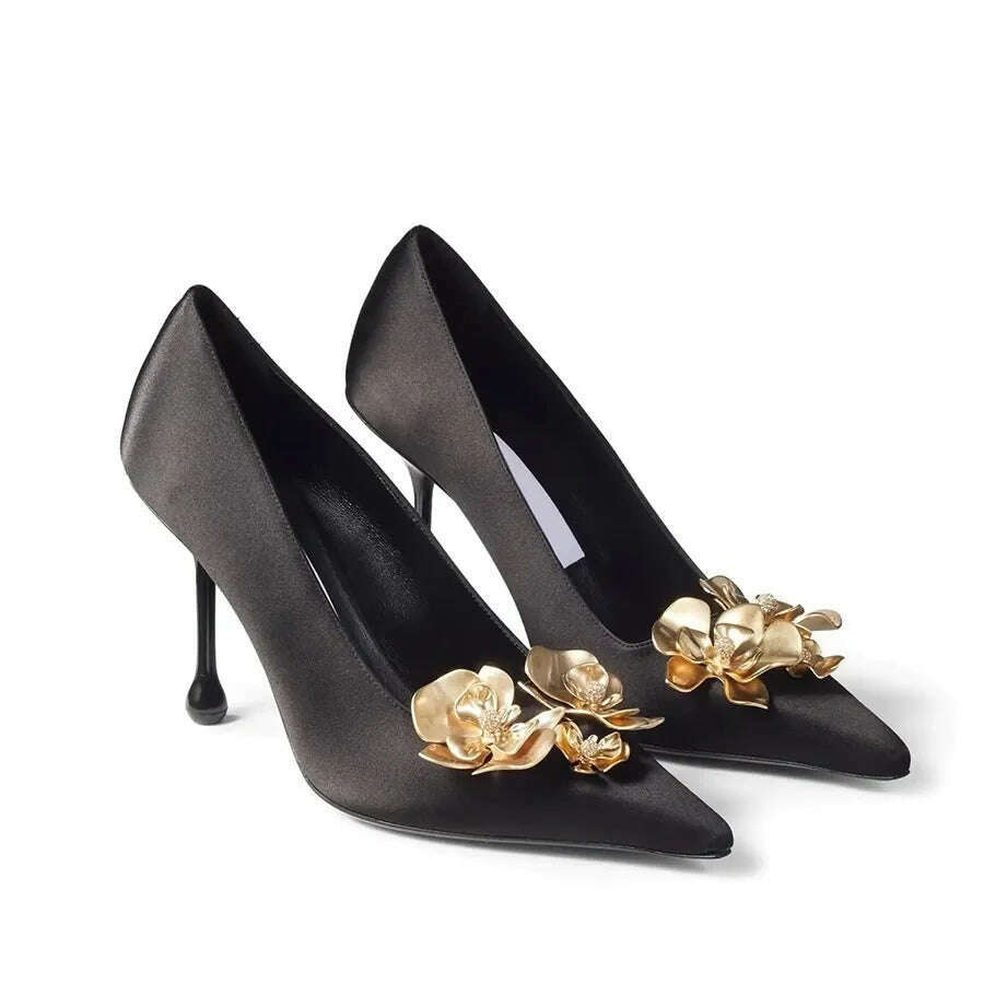 KIMLUD, Golden Flowers High Heels Women Silk Luxury Designer Sandal Metallic Flower Square Toe Pointed Fine Heel Party Dress Shoes Pumps, black 1 1 / 35, KIMLUD Womens Clothes