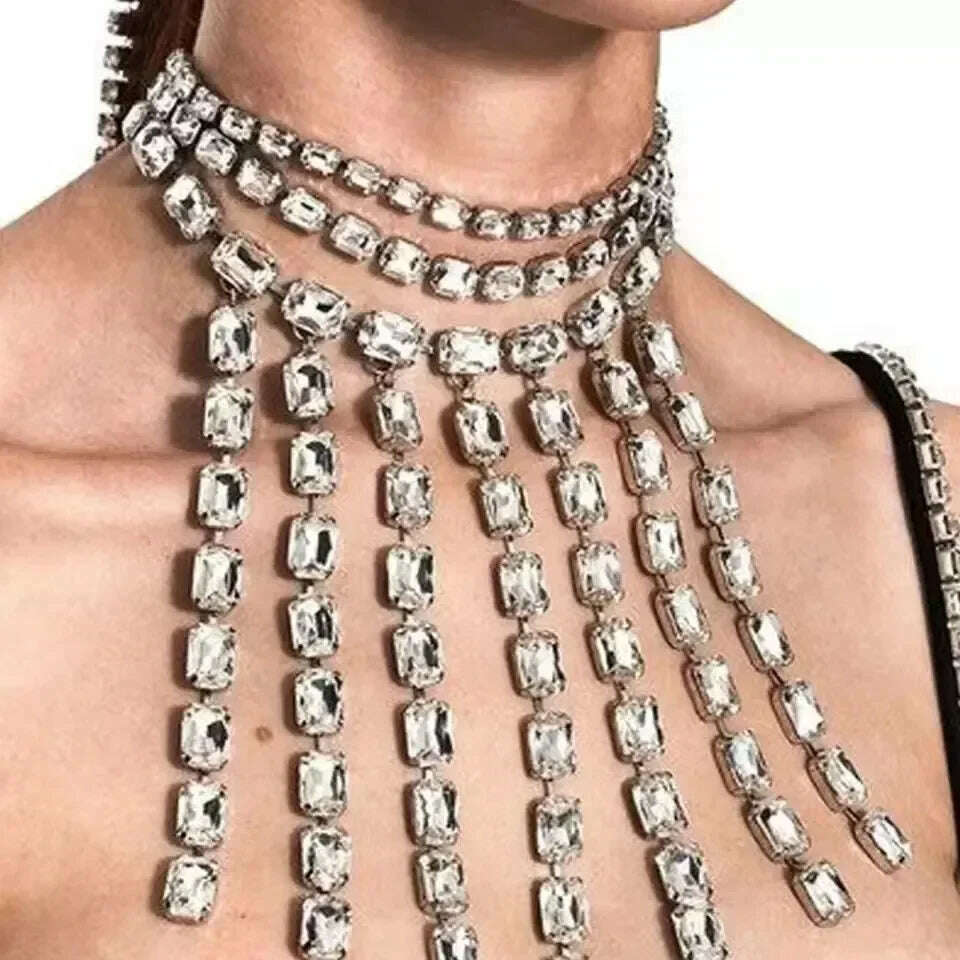 KIMLUD, Gorgeous Crystal Long Tassel Big Square Pendant Choker Necklaces Wedding Jewelry for Women Rhinestone Multi-layer Collar Choker, Gold, KIMLUD APPAREL - Womens Clothes
