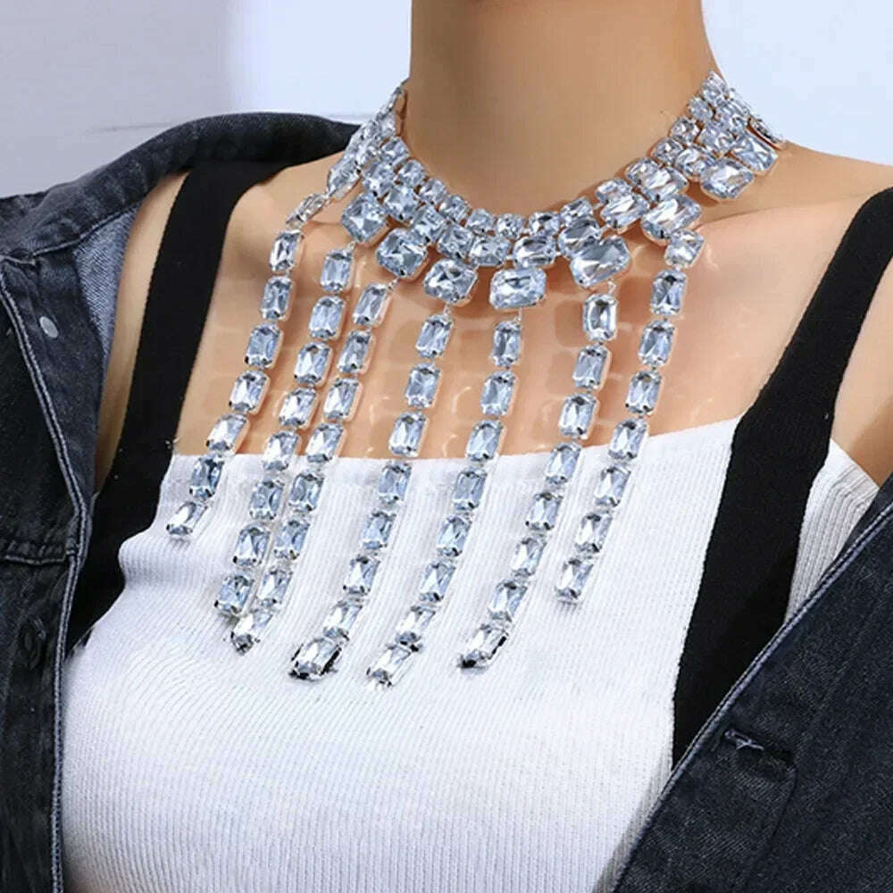 KIMLUD, Gorgeous Crystal Long Tassel Big Square Pendant Choker Necklaces Wedding Jewelry for Women Rhinestone Multi-layer Collar Choker, KIMLUD Womens Clothes