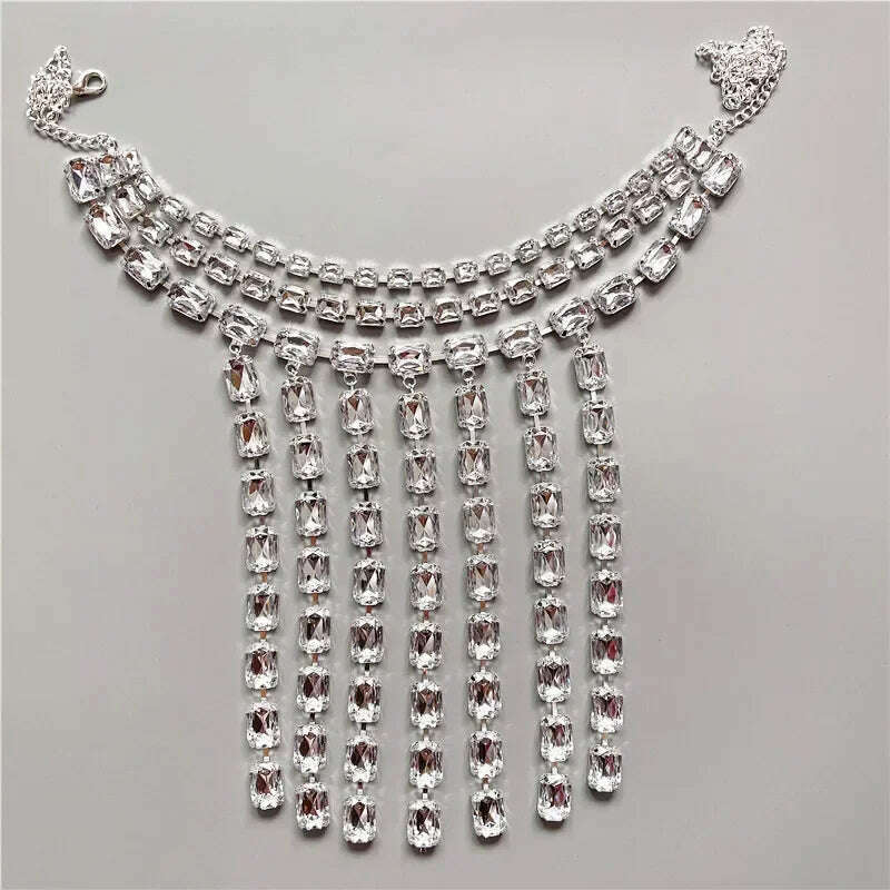 KIMLUD, Gorgeous Crystal Long Tassel Big Square Pendant Choker Necklaces Wedding Jewelry for Women Rhinestone Multi-layer Collar Choker, KIMLUD Womens Clothes