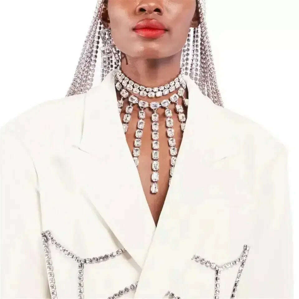 KIMLUD, Gorgeous Crystal Long Tassel Big Square Pendant Choker Necklaces Wedding Jewelry for Women Rhinestone Multi-layer Collar Choker, KIMLUD Womens Clothes