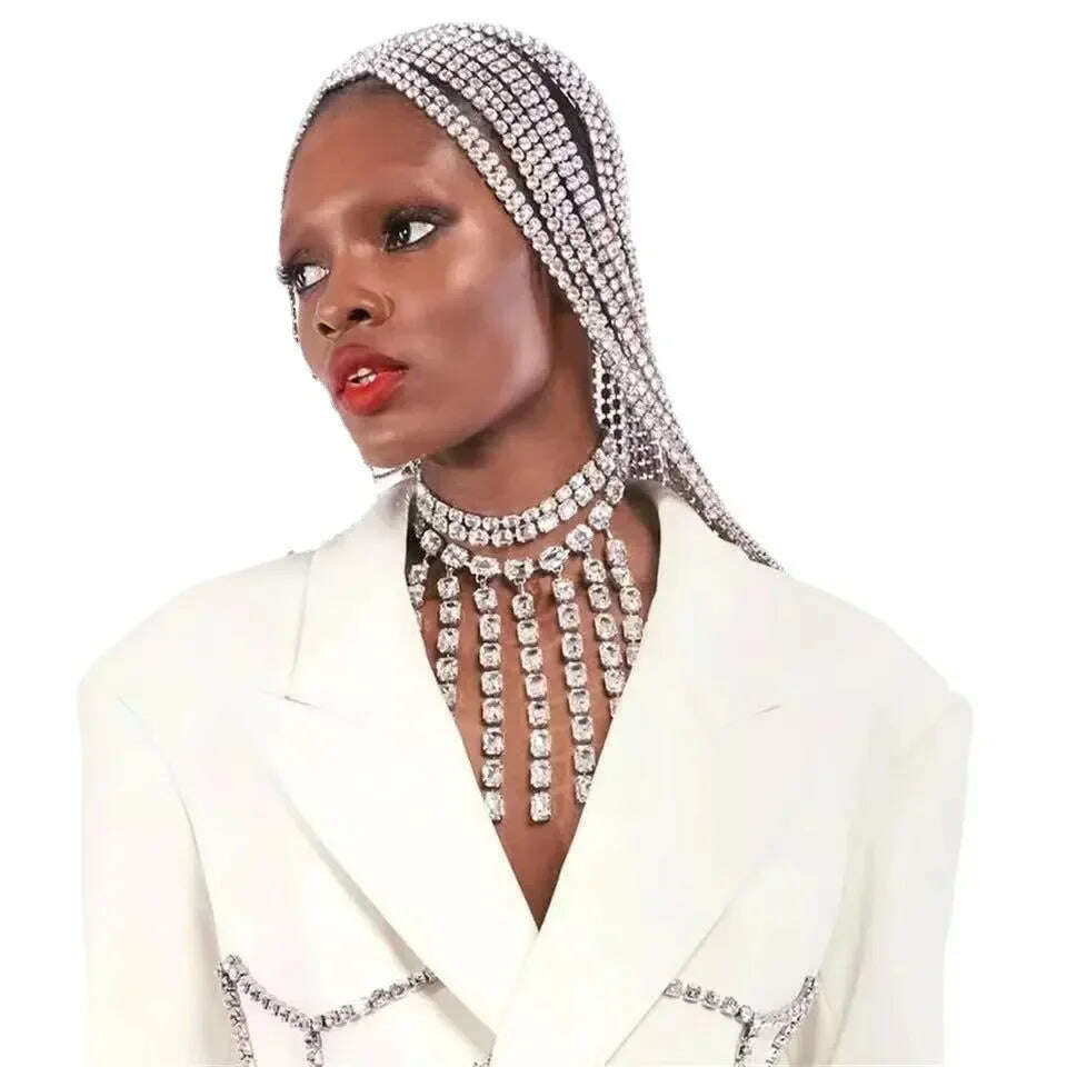 KIMLUD, Gorgeous Crystal Long Tassel Big Square Pendant Choker Necklaces Wedding Jewelry for Women Rhinestone Multi-layer Collar Choker, KIMLUD Womens Clothes