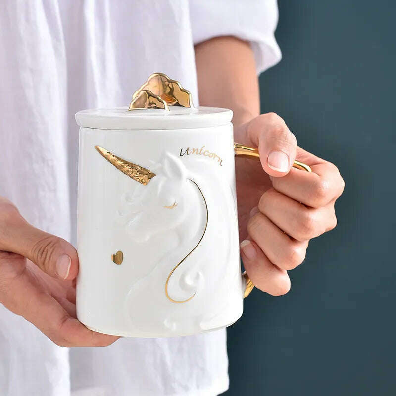 KIMLUD, Gorgeous Relief Unicorn Coffee Mug with Mobile Phone Holder Lid Cute Water Tea Ceramic Milk Breakfast Cup Creative Gift, KIMLUD Womens Clothes