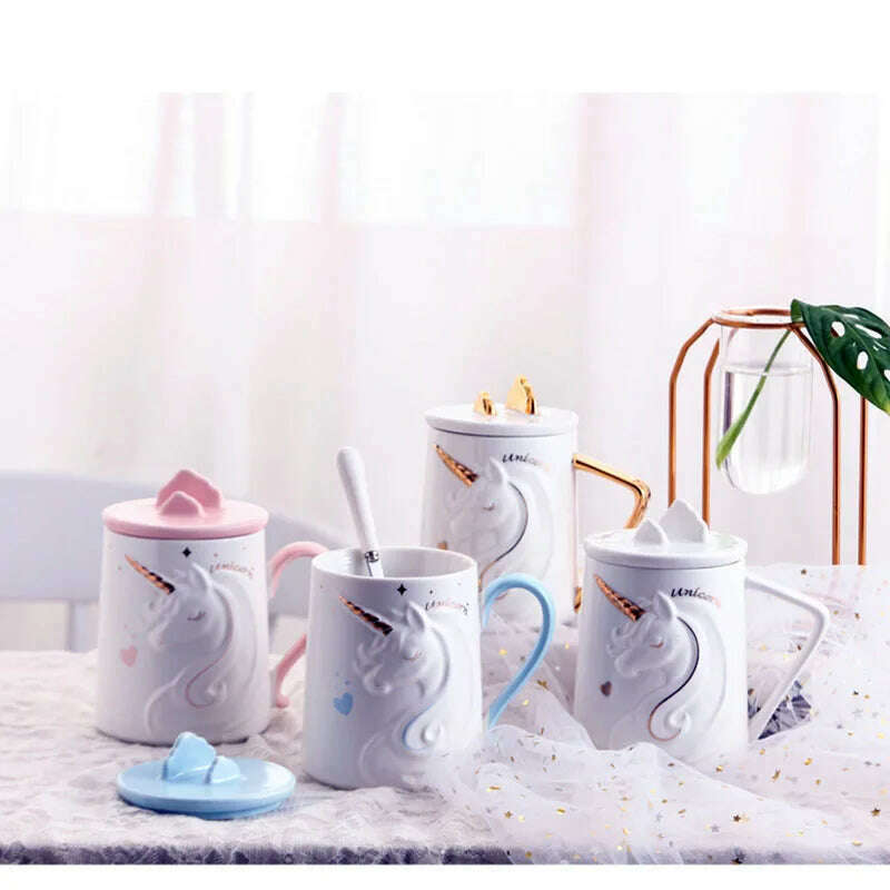 KIMLUD, Gorgeous Relief Unicorn Coffee Mug with Mobile Phone Holder Lid Cute Water Tea Ceramic Milk Breakfast Cup Creative Gift, KIMLUD Women's Clothes