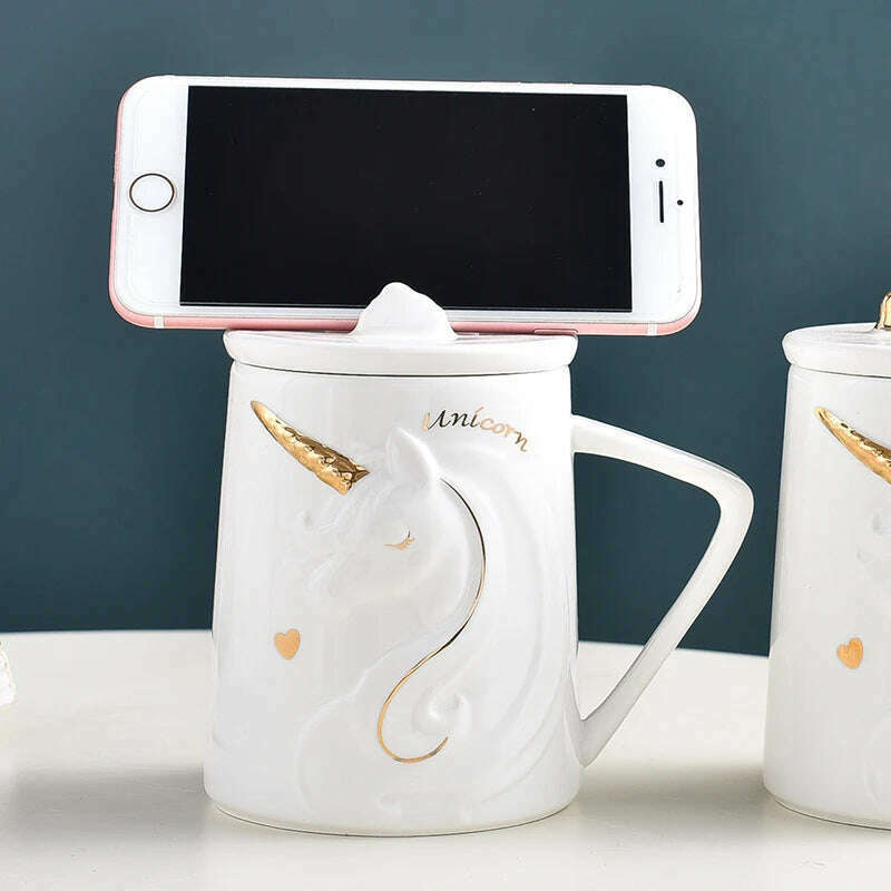 KIMLUD, Gorgeous Relief Unicorn Coffee Mug with Mobile Phone Holder Lid Cute Water Tea Ceramic Milk Breakfast Cup Creative Gift, KIMLUD Womens Clothes