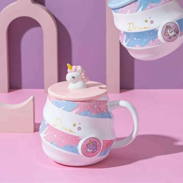 KIMLUD, Gorgeous Relief Unicorn Coffee Mug with Mobile Phone Holder Lid Cute Water Tea Ceramic Milk Breakfast Cup Creative Gift, Unicorn Pink Stripe / 301-400ml, KIMLUD Women's Clothes