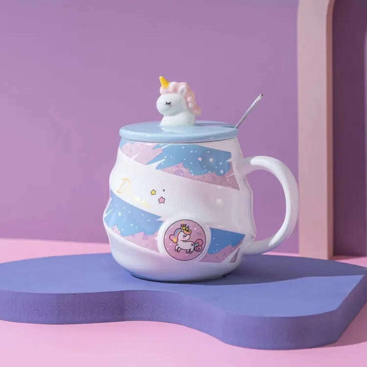 KIMLUD, Gorgeous Relief Unicorn Coffee Mug with Mobile Phone Holder Lid Cute Water Tea Ceramic Milk Breakfast Cup Creative Gift, Unicorn Blue Stripe / 301-400ml, KIMLUD Womens Clothes