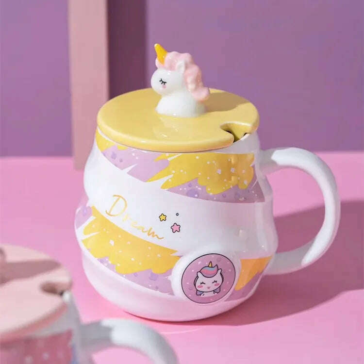 KIMLUD, Gorgeous Relief Unicorn Coffee Mug with Mobile Phone Holder Lid Cute Water Tea Ceramic Milk Breakfast Cup Creative Gift, Unicor Yellow Stripe / 301-400ml, KIMLUD Womens Clothes