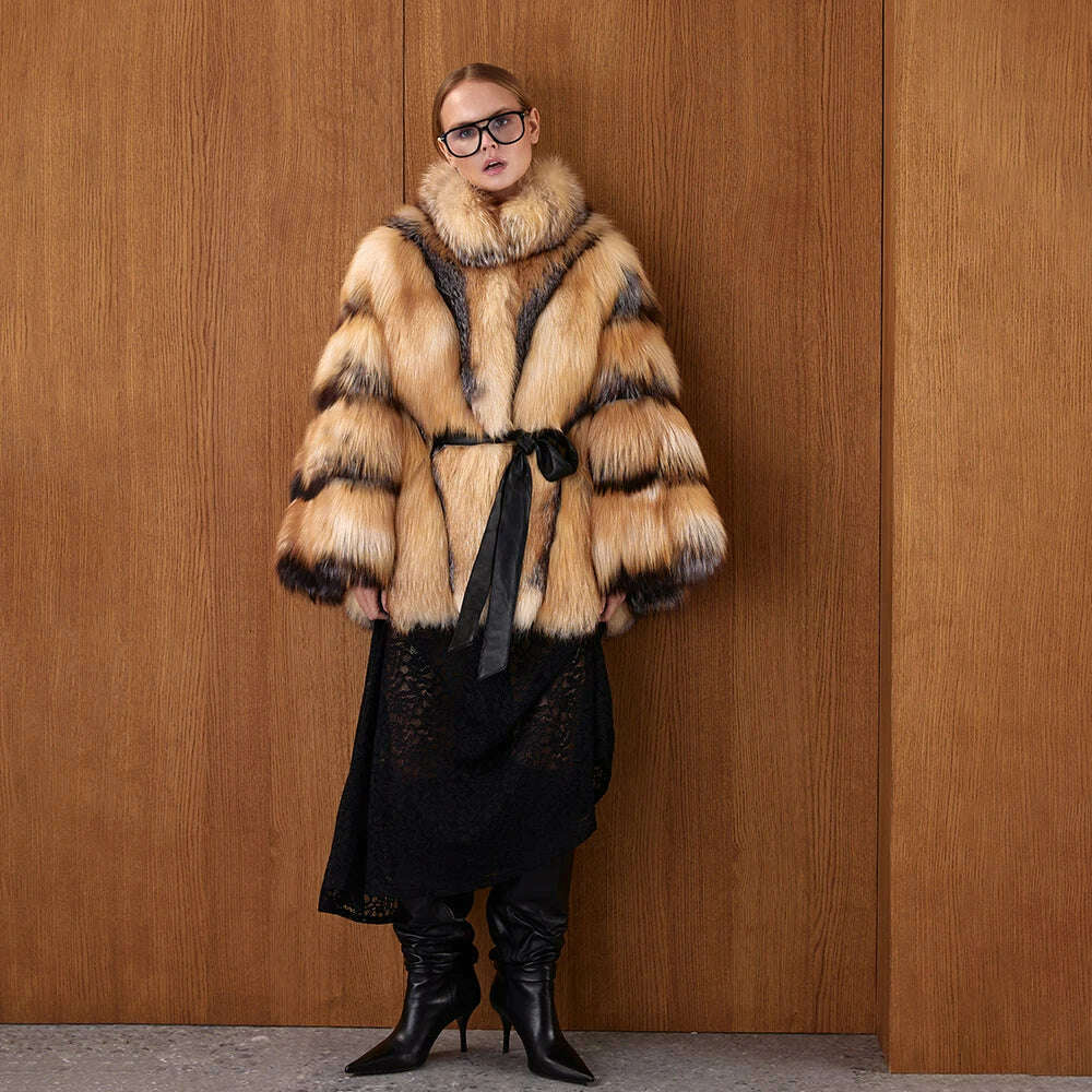 KIMLUD, Gorgeous Womens Real Red Fox Fur Coats Thick Collar Poncho Luxury Winter Natural Fox Fur Fluffy Outwear Female Real Fur Overcoat, KIMLUD Womens Clothes