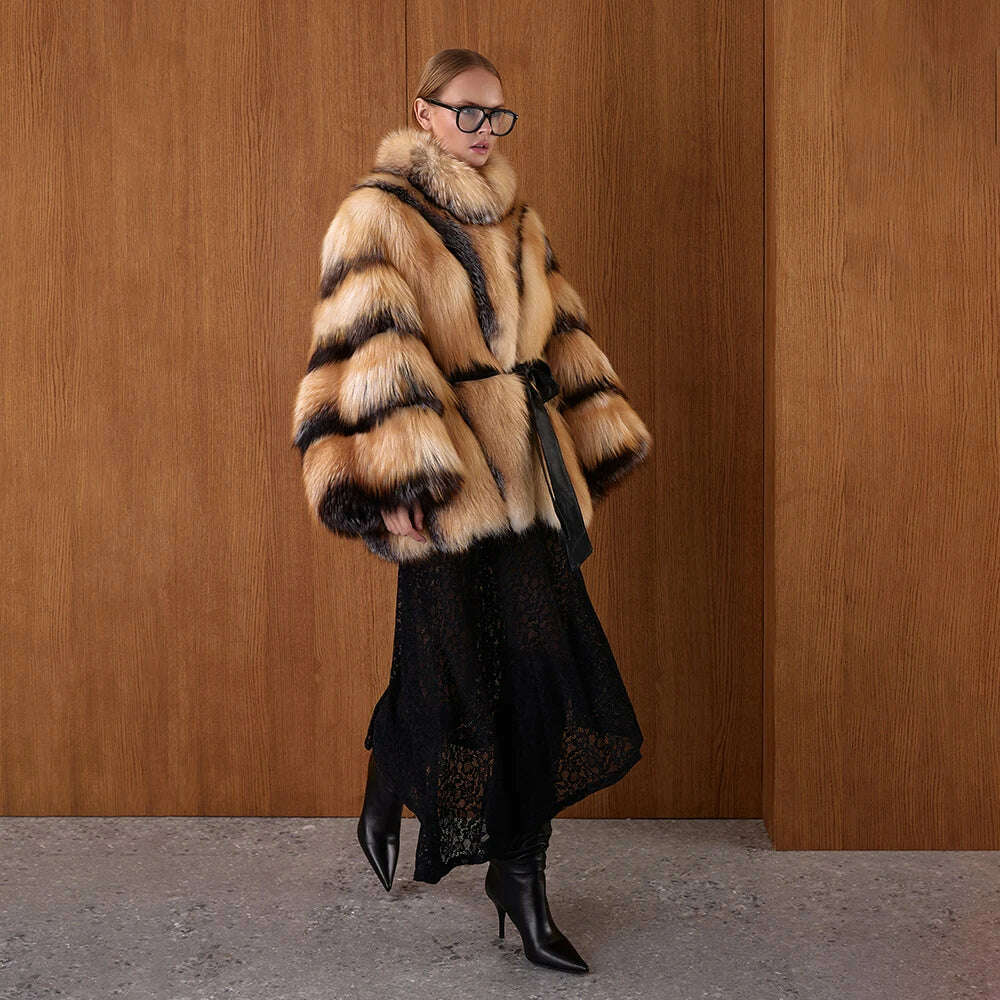 KIMLUD, Gorgeous Womens Real Red Fox Fur Coats Thick Collar Poncho Luxury Winter Natural Fox Fur Fluffy Outwear Female Real Fur Overcoat, KIMLUD Womens Clothes