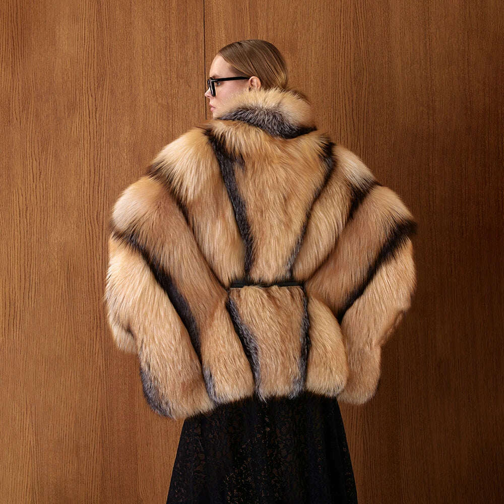KIMLUD, Gorgeous Womens Real Red Fox Fur Coats Thick Collar Poncho Luxury Winter Natural Fox Fur Fluffy Outwear Female Real Fur Overcoat, KIMLUD Womens Clothes