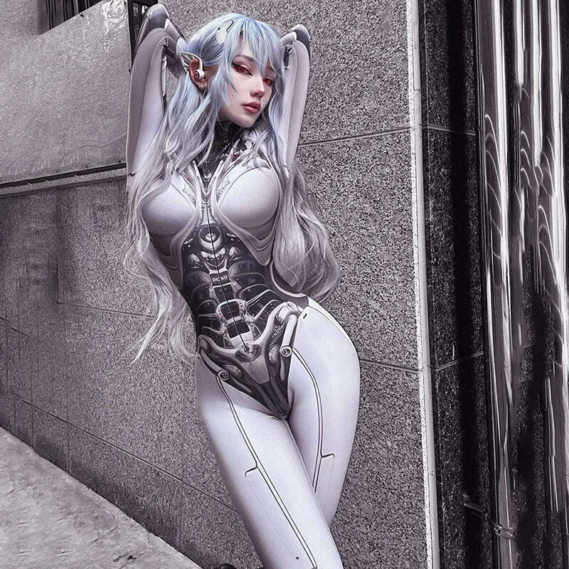 Goth Dark 3D Printed Cosplay Bodycon Jumpsuits Y2k Techwear Long Sleeve Gothic Punk Playsuits Anime Women Mock Neck Zip Bodysuit - KIMLUD