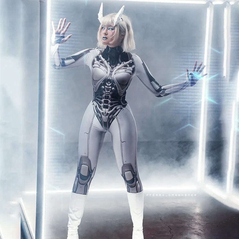 Goth Dark 3D Printed Cosplay Bodycon Jumpsuits Y2k Techwear Long Sleeve Gothic Punk Playsuits Anime Women Mock Neck Zip Bodysuit - KIMLUD